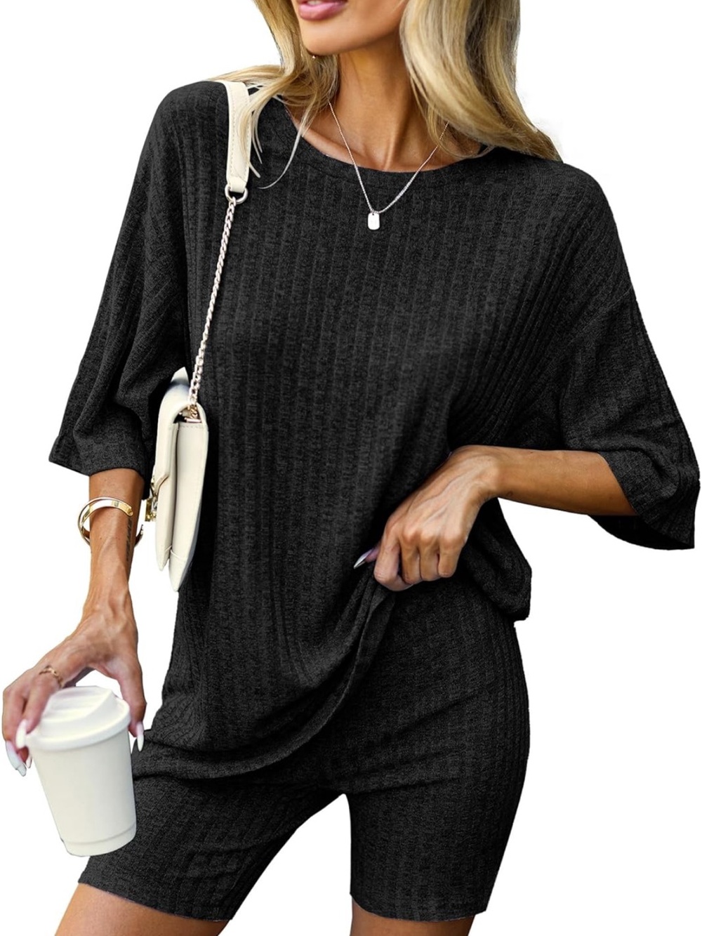 Amazon Women's Black Ribbed Two-Piece Loungewear Set